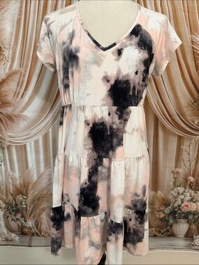 love, Fire Blush Pink and Black Watercolor Tiered V-Neck Mini Dress